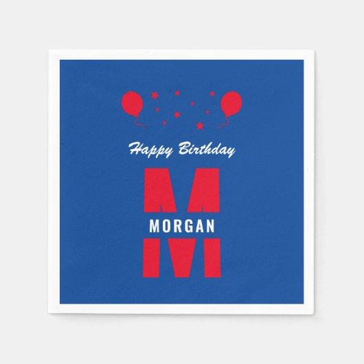 Monogram Happy Birthday Elke leeftijd Rood Blauw Servet (Voorkant)