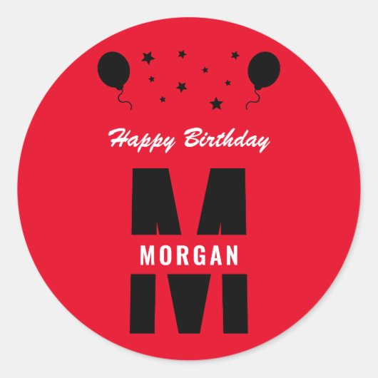 Monogram Happy Birthday Elke leeftijd Rood Zwart w Ronde Sticker (Voorkant)