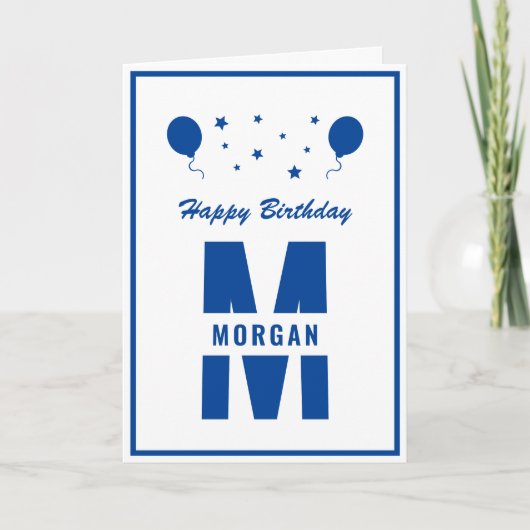 Monogram Happy Birthday Elke leeftijd Witte Blauwe Kaart (Voorkant)