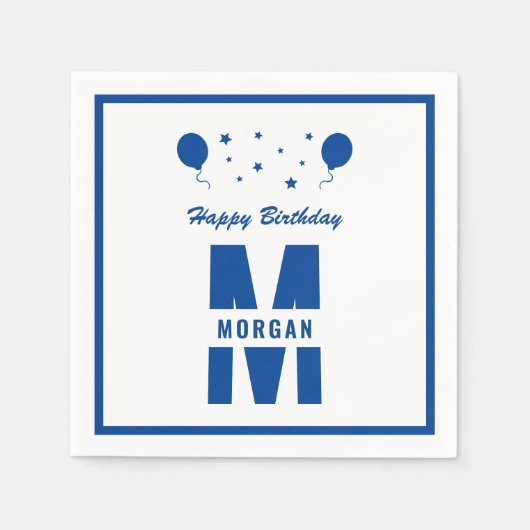 Monogram Happy Birthday Elke leeftijd Witte Blauwe Servet (Voorkant)