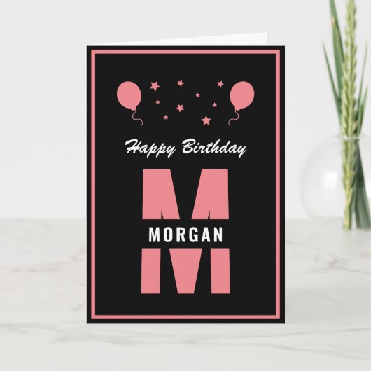 Monogram Happy Birthday Elke zwarte witte roze Kaart (Voorkant)