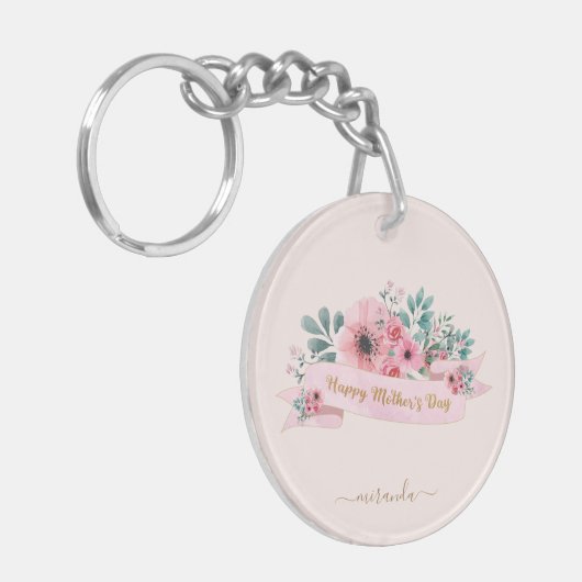 Monogram Happy Moederdag Pink Floral Sleutelhanger (Voorkant Links)