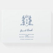 Monogram hart crest hand getekend blauw wit bruilo gastenboek (Voorkant)