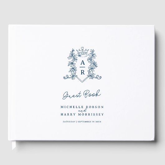Monogram hart crest hand getekend blauw wit bruilo gastenboek (Voorkant)