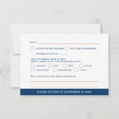 Monogram hart crest hand getekend wit blauw bruilo RSVP kaartje (Achterkant)