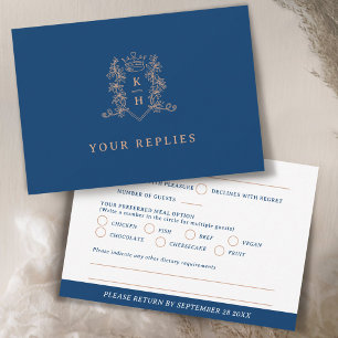 Monogram hart crest hand getekend wit blauw bruilo RSVP kaartje