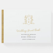 Monogram hart crest hand getekende witte bruiloft gastenboek (Voorkant)