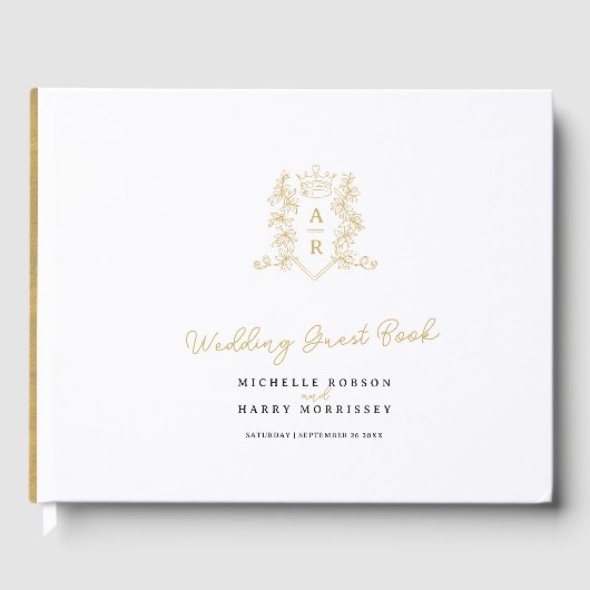 Monogram hart crest hand getekende witte bruiloft gastenboek (Voorkant)