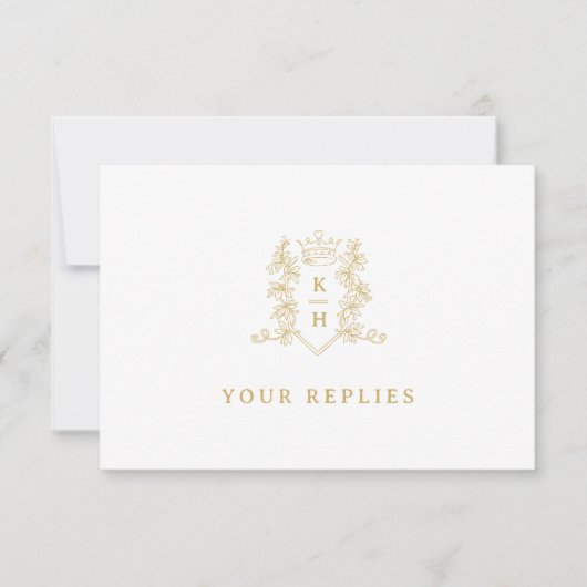 Monogram hart crest hand getekende witte bruiloft RSVP kaartje (Voorkant)