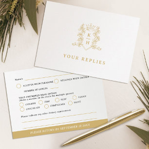 Monogram hart crest hand getekende witte bruiloft RSVP kaartje
