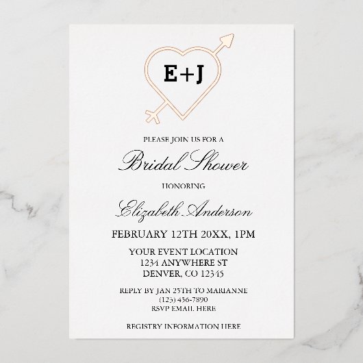 Monogram hart en Pijl-Vrijgezellenfeest Folie Uitnodiging (Voorkant)