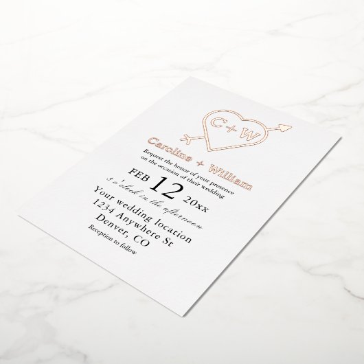 Monogram hart- en pijllijnen folie uitnodiging (Gedraaid)