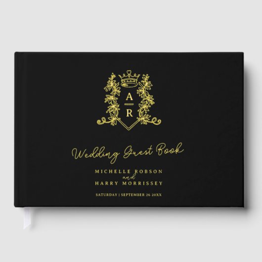 Monogram hart kam goud zwart bruiloft gast gastenboek (Voorkant)