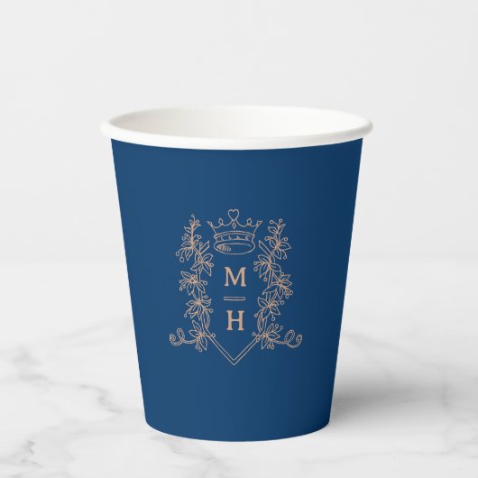 Monogram hart kroon blauw roos gouden bruiloft papieren bekers (Voorkant)