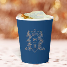 Monogram hart kroon blauw roos gouden bruiloft