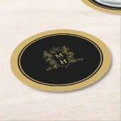 Monogram hart kroon kuif goud zwart bruiloft ronde kartonnen onderzetter (Gebogen)