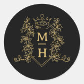 Monogram hart kroon kuif goud zwart bruiloft ronde sticker (Voorkant)