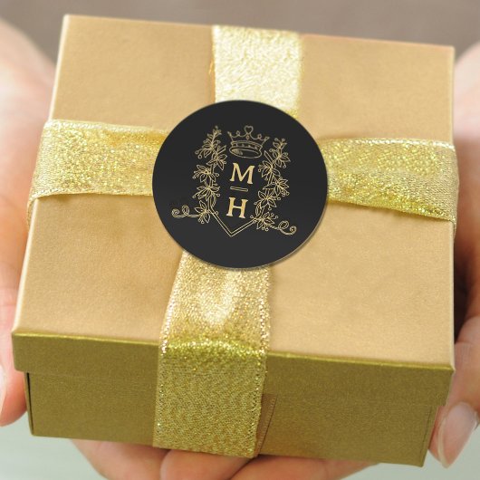 Monogram hart kroon kuif goud zwart bruiloft ronde sticker