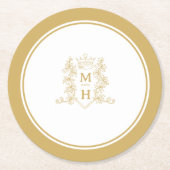 Monogram hart kroon kuif gouden bruiloft ronde kartonnen onderzetter (Voorkant)