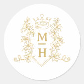 Monogram hart kroon kuif gouden bruiloft ronde sticker (Voorkant)