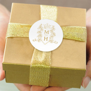Monogram hart kroon kuif gouden bruiloft ronde sticker