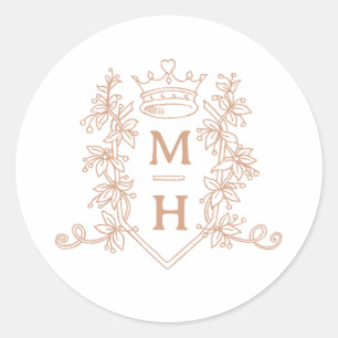 Monogram hart kroon kuif roos gouden bruiloft ronde sticker