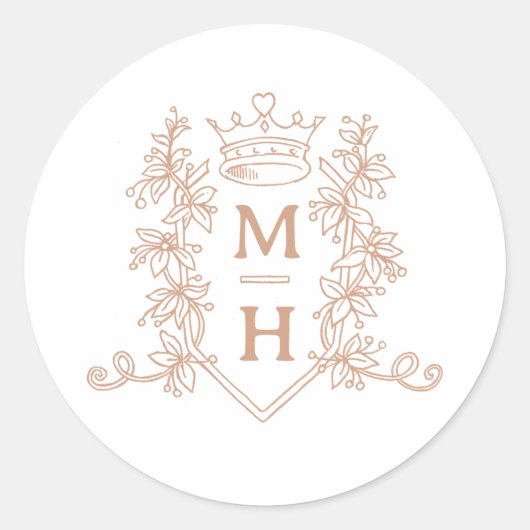 Monogram hart kroon kuif roos gouden bruiloft ronde sticker (Voorkant)
