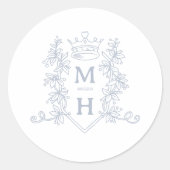 Monogram hart kroon kuif zilveren bruiloft ronde sticker (Voorkant)