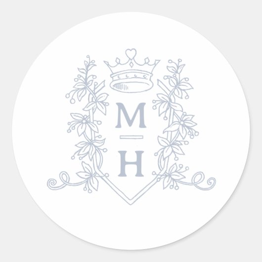 Monogram hart kroon kuif zilveren bruiloft ronde sticker (Voorkant)