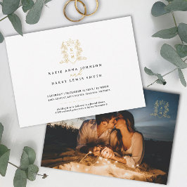 Monogram hart kroon wit goud bruiloft kaart