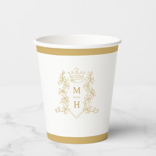 Monogram hart kroon wit goud bruiloft papieren bekers (Voorkant)
