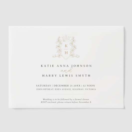 Monogram hart kroon wit goud bruiloft vellum uitnodigingen (Voorkant)