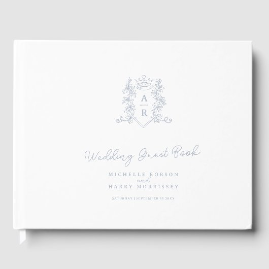 Monogram hart kroon wit zilveren bruiloft gastenboek (Voorkant)