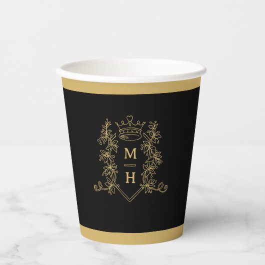 Monogram hart kroon zwart goud bruiloft papieren bekers (Voorkant)