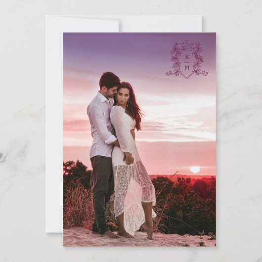 Monogram hart kroonwijn perzik bruiloft kaart (Achterkant)