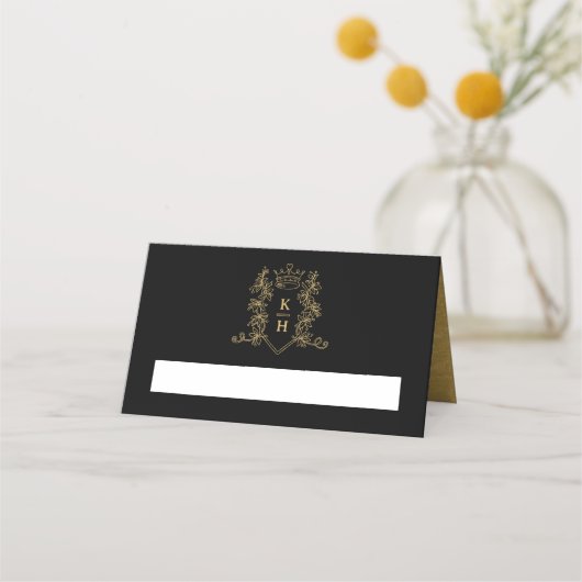 Monogram hart kuif hand getekend zwart bruiloft plaatskaartje (Voorkant)