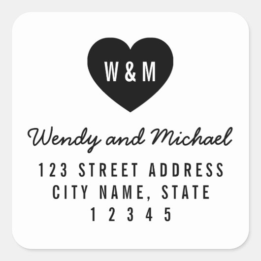 Monogram Hart Modern Couple Weddenschap Adres Vierkante Sticker (Voorkant)