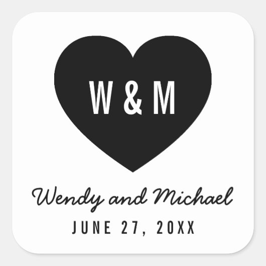 Monogram hart Modern Save the Date Wedding Vierkante Sticker (Voorkant)