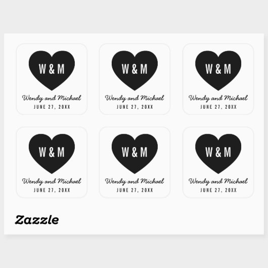 Monogram hart Modern Save the Date Wedding Vierkante Sticker (Vel)