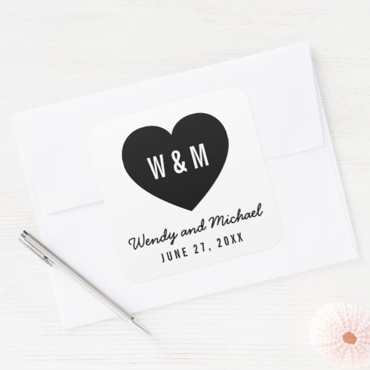 Monogram hart Modern Save the Date Wedding Vierkante Sticker (Envelop)