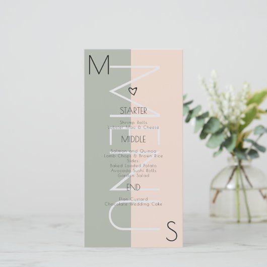 Monogram Hart Trouw Sage Roze Menu (Staand voorkant)