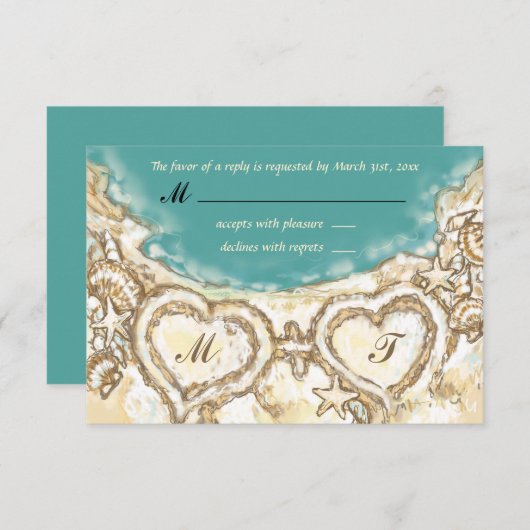 Monogram Harten op de RSVP-kaart van het Beach Wed RSVP Kaartje (Voorkant / Achterkant)