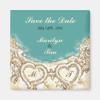 Monogram Harten op het strand Save the Date Magneet