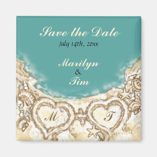 Monogram Harten op het strand Save the Date Magneet (Voorkant)