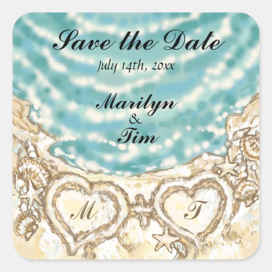 Monogram Harten op het strand Save the Date Vierkante Sticker (Voorkant)