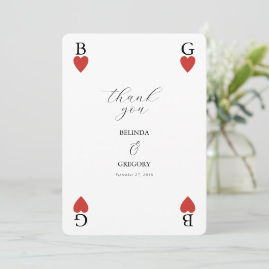 Monogram harten spelen Kaart bruiloft dank u (Staand voorkant)