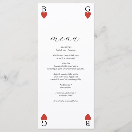 Monogram Harten Spelen Kaart Bruiloft Menu Kaart (Voorkant)