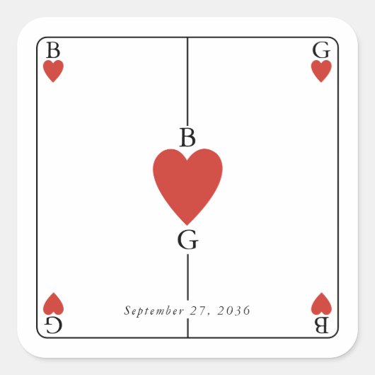 Monogram harten spelen Kaart bruiloft Vierkante Sticker (Voorkant)