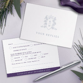 Monogram hartkam zilveren witte paarse bruiloft RSVP kaartje