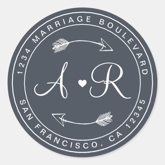 Monogram Hartpijl Blauw Bruiloft Retouradres Ronde Sticker (Voorkant)